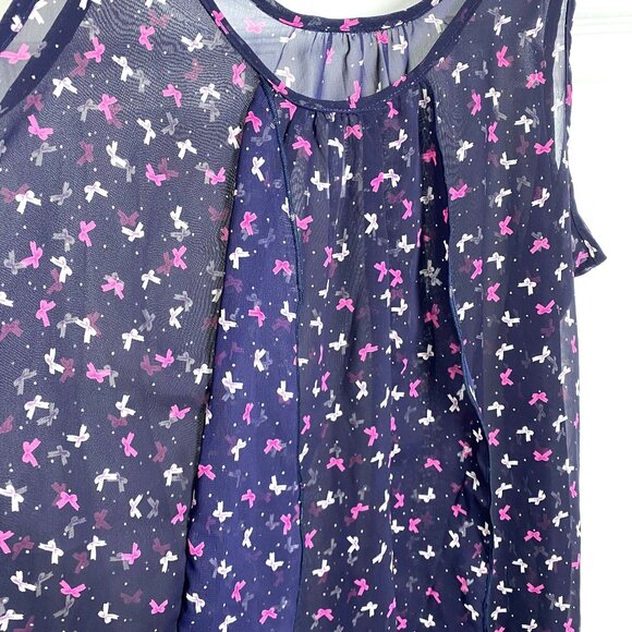 Daisies Pink White Ribbon Bow Printed Sheer Swing Navy Tank Size Medium - Picture 10 of 10